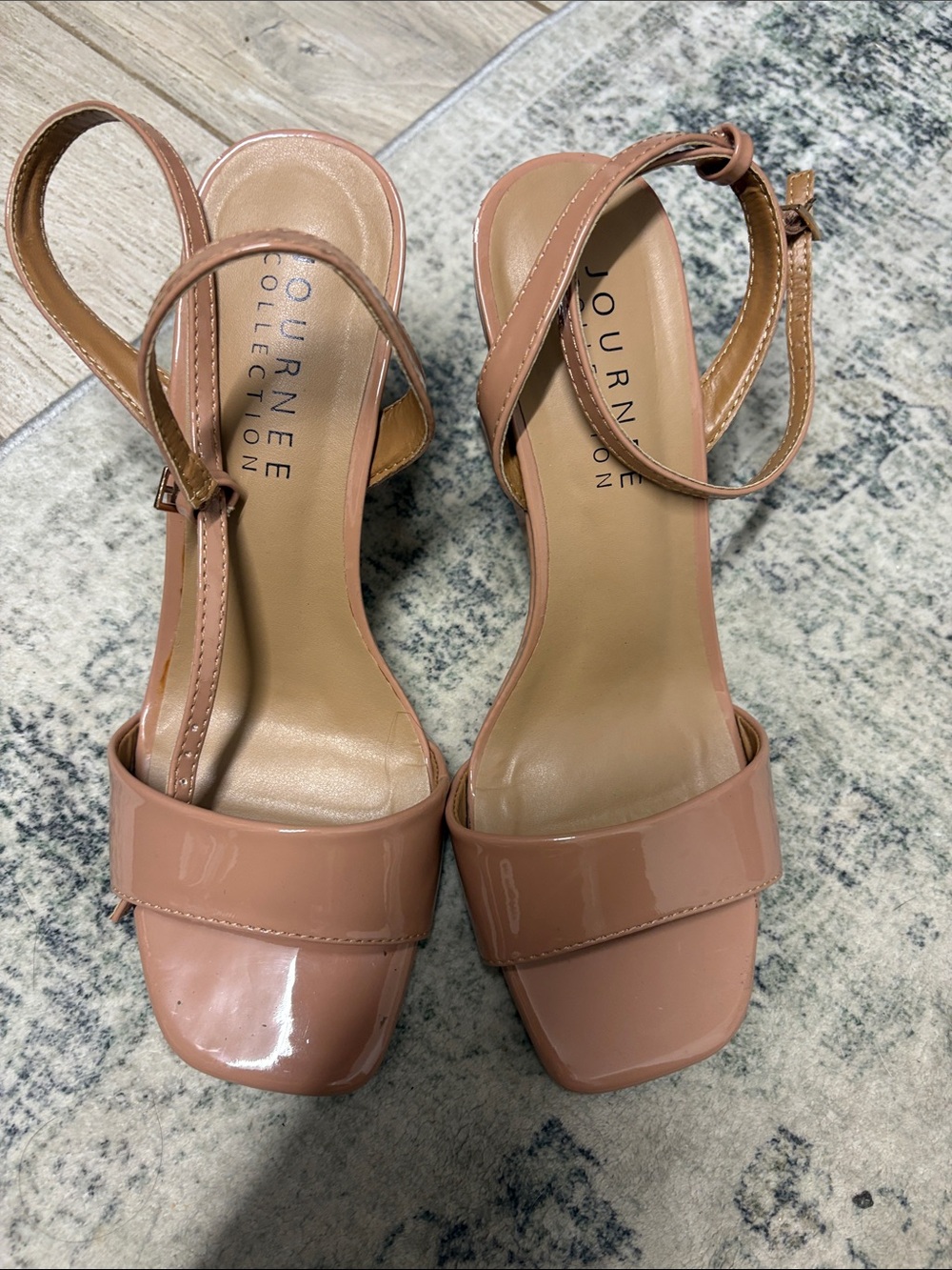 Journee Collection Pink Nude Patent Block Heel Sandals